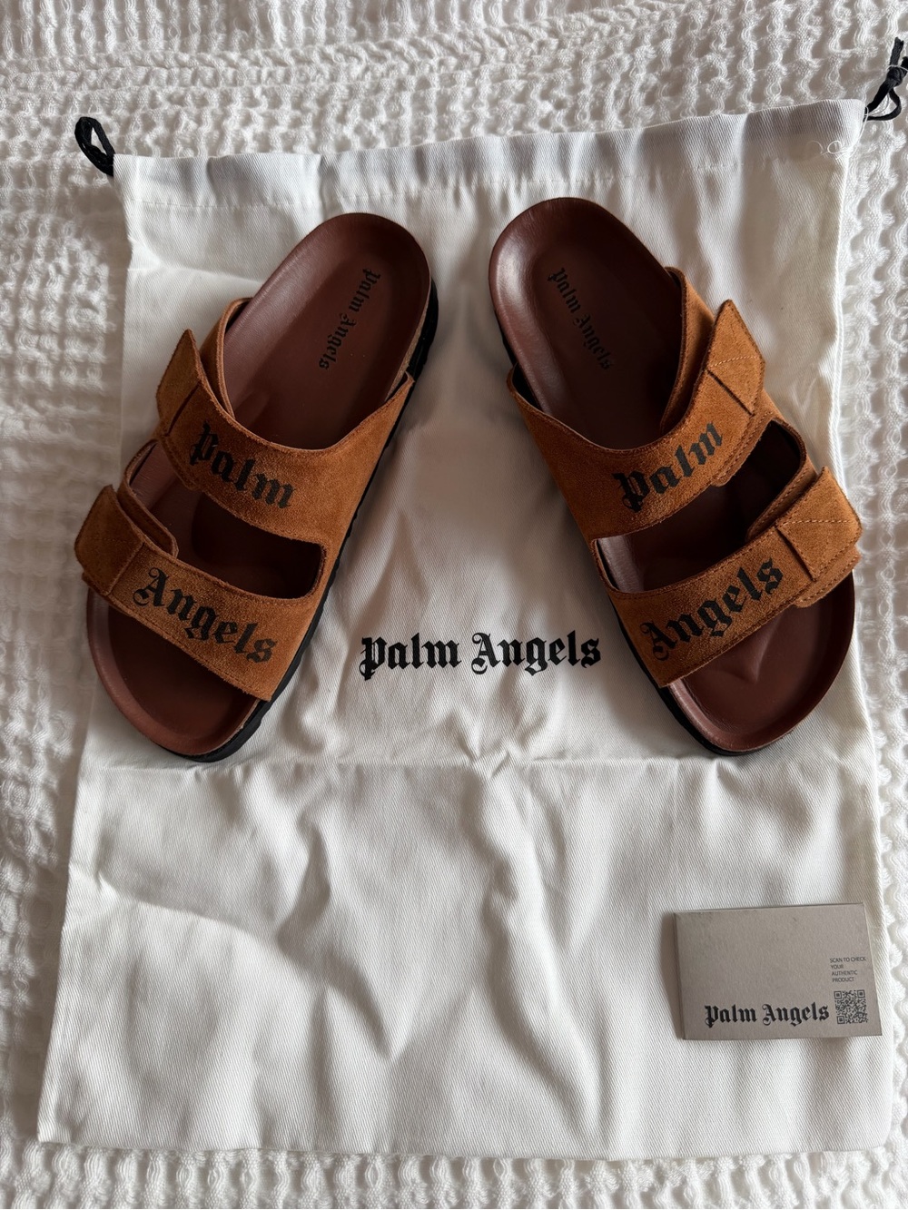 Palm Angels Tan Suede Double Strap Sandals with Black Soles